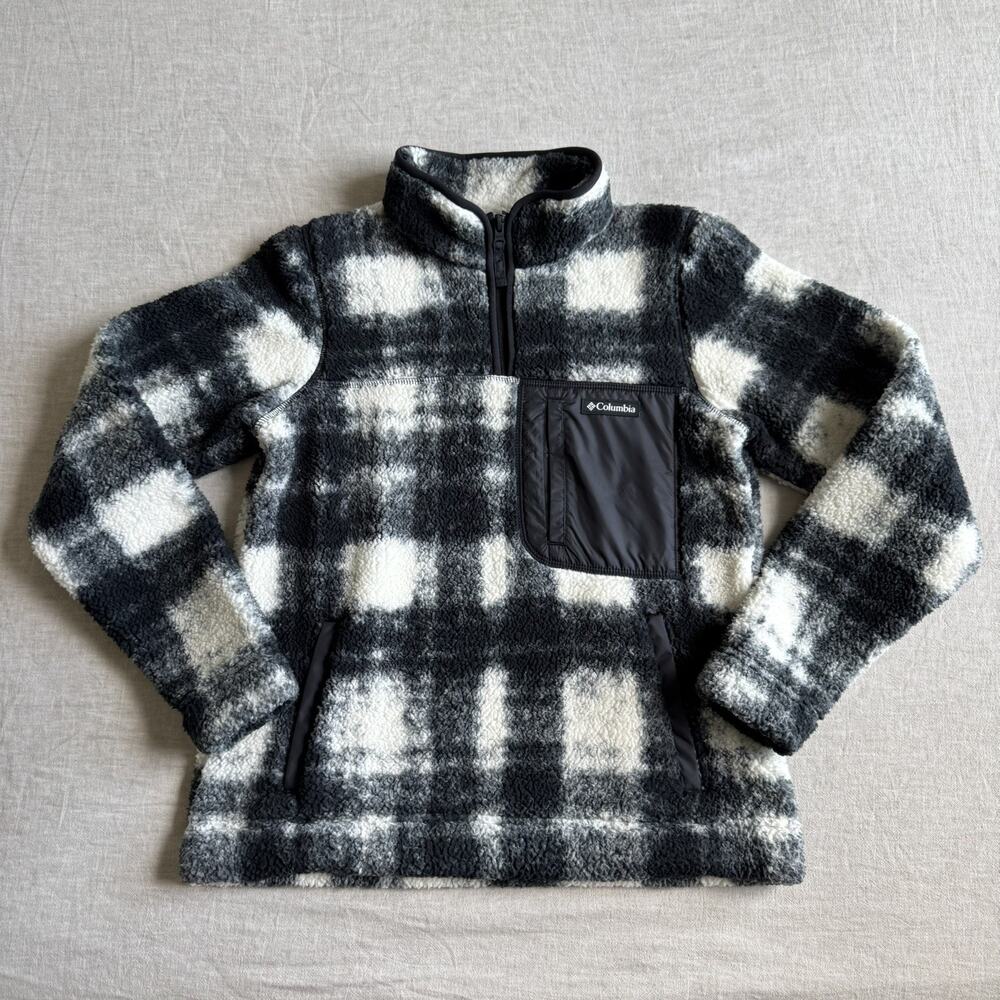 [WOMENS S] Columbia West Bend 1/4 Zip Black White Plaid Fleece Pullover Small